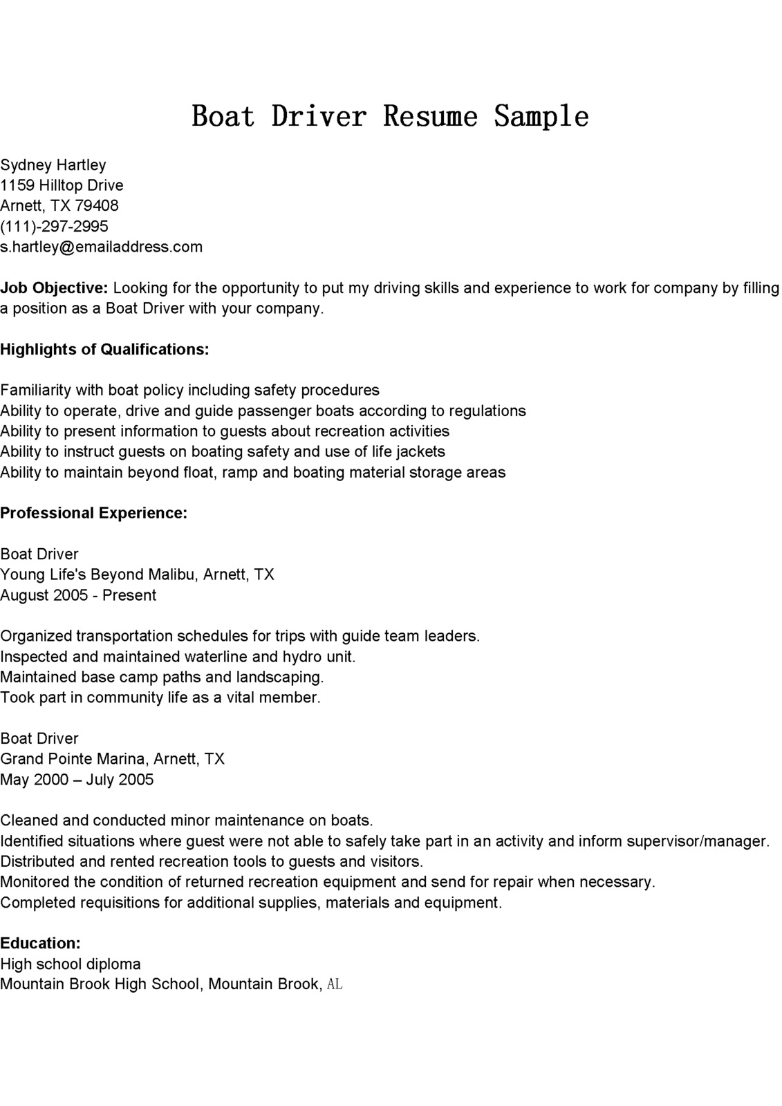 Cdl driver instructor sample resume and cover letter